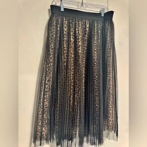 Leopard Print Pleated Tulle Midi Skirt